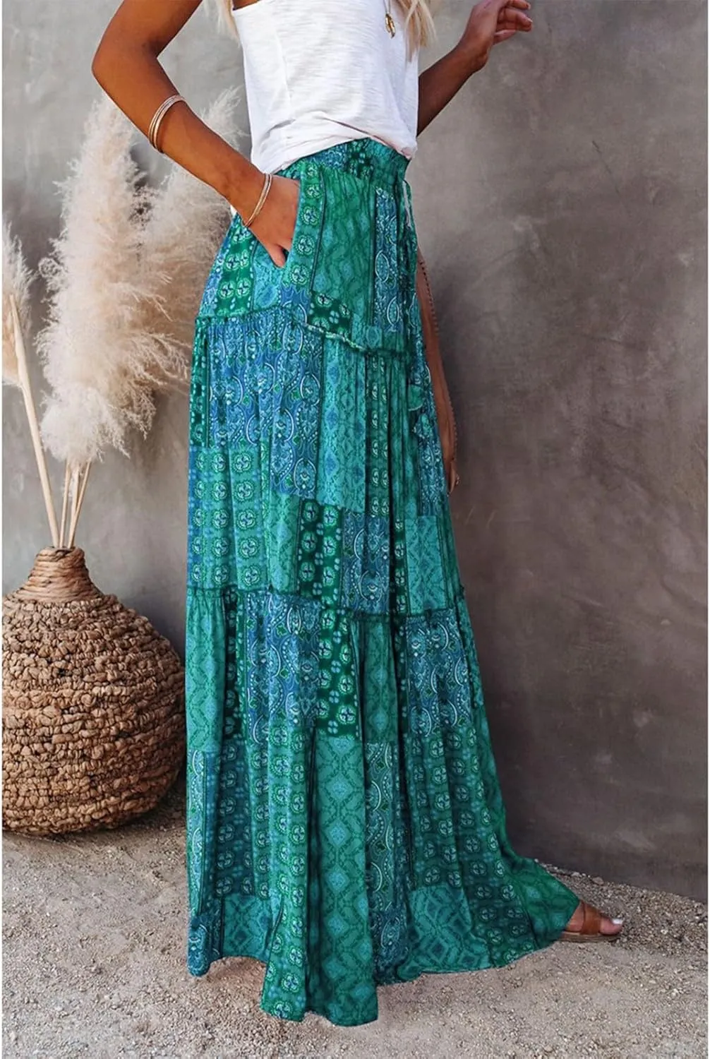 Skirts for Women,Ruffle Hem Bohemian Flowy Maxi Skirts Trendy 2025 Summer Vacation Elastic High Waisted Drawstring