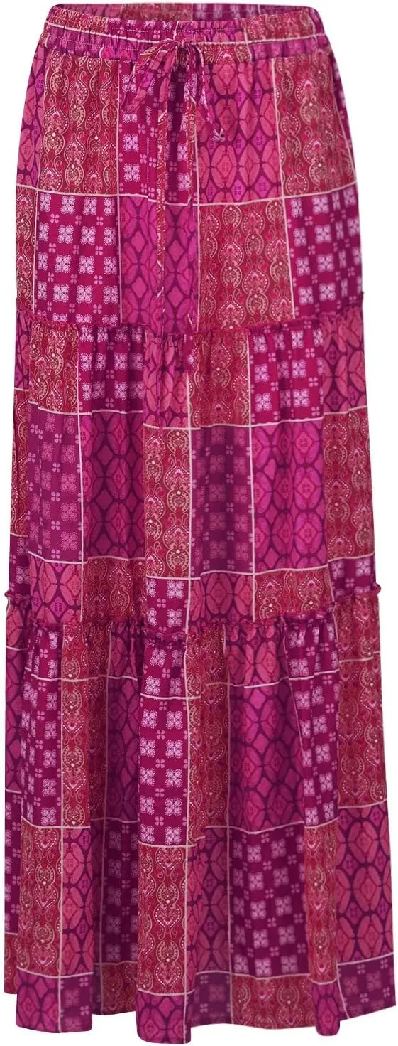 Skirts for Women,Ruffle Hem Bohemian Flowy Maxi Skirts Trendy 2025 Summer Vacation Elastic High Waisted Drawstring