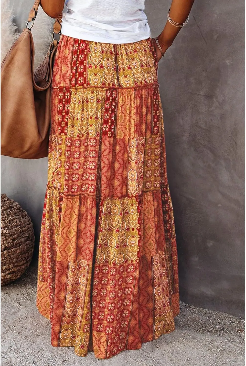 Skirts for Women,Ruffle Hem Bohemian Flowy Maxi Skirts Trendy 2025 Summer Vacation Elastic High Waisted Drawstring