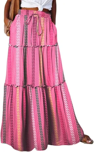 Skirts for Women,Ruffle Hem Bohemian Flowy Maxi Skirts Trendy 2025 Summer Vacation Elastic High Waisted Drawstring