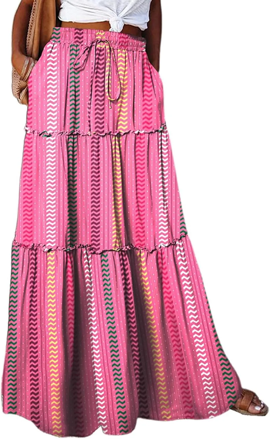 Skirts for Women,Ruffle Hem Bohemian Flowy Maxi Skirts Trendy 2025 Summer Vacation Elastic High Waisted Drawstring