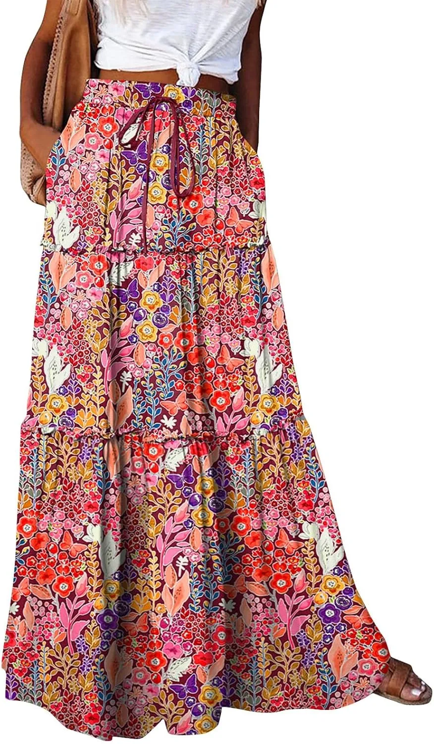 Skirts for Women,Ruffle Hem Bohemian Flowy Maxi Skirts Trendy 2025 Summer Vacation Elastic High Waisted Drawstring