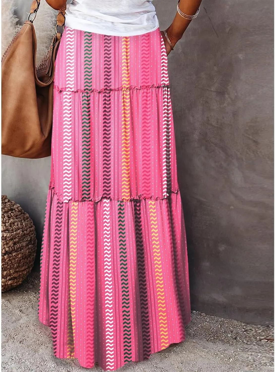 Skirts for Women,Ruffle Hem Bohemian Flowy Maxi Skirts Trendy 2025 Summer Vacation Elastic High Waisted Drawstring