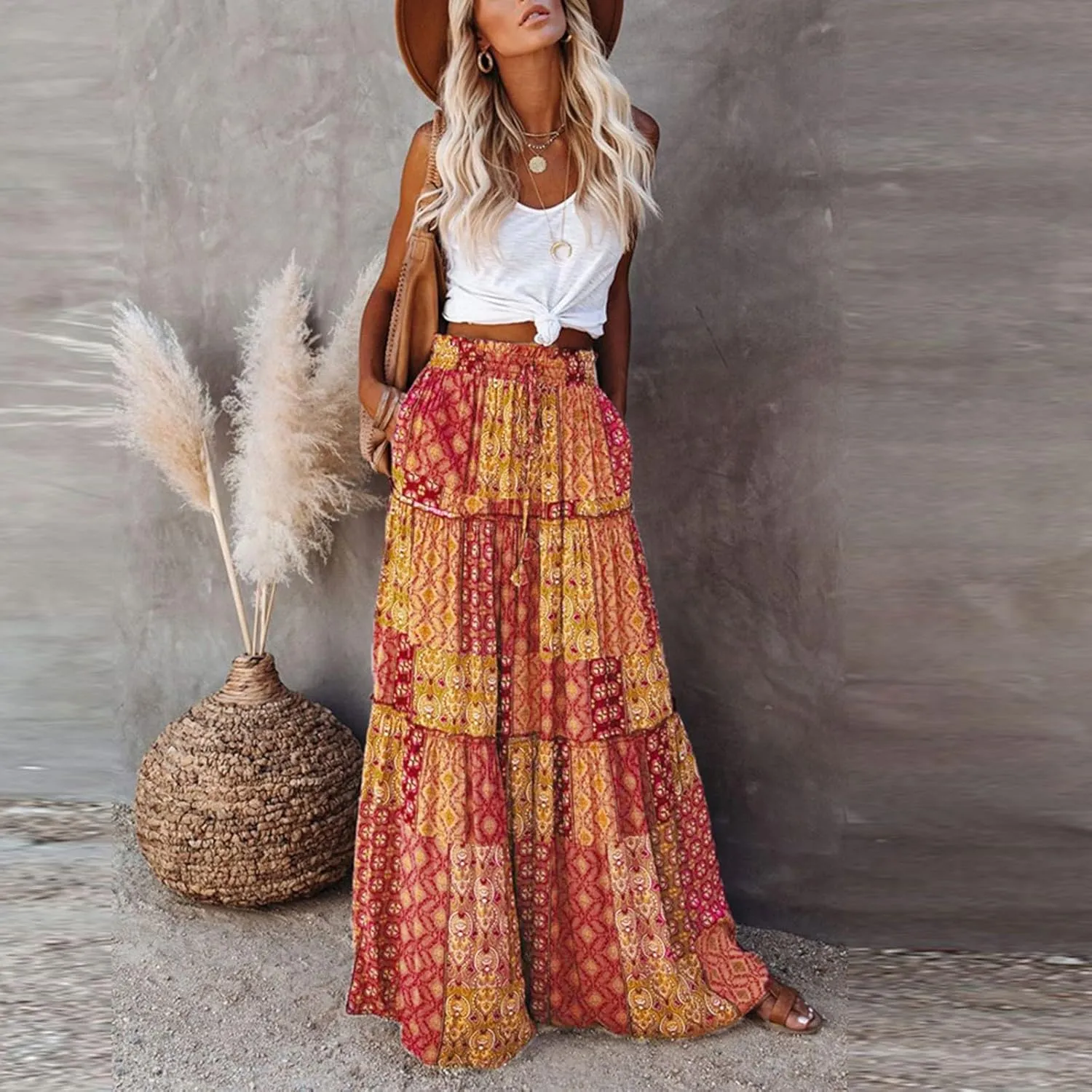 Skirts for Women,Ruffle Hem Bohemian Flowy Maxi Skirts Trendy 2025 Summer Vacation Elastic High Waisted Drawstring