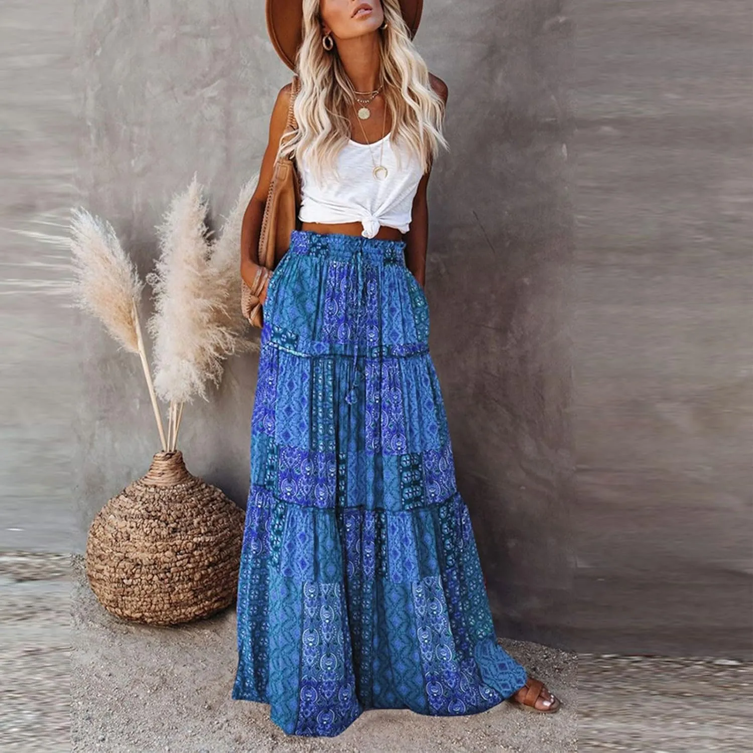 Skirts for Women,Ruffle Hem Bohemian Flowy Maxi Skirts Trendy 2025 Summer Vacation Elastic High Waisted Drawstring