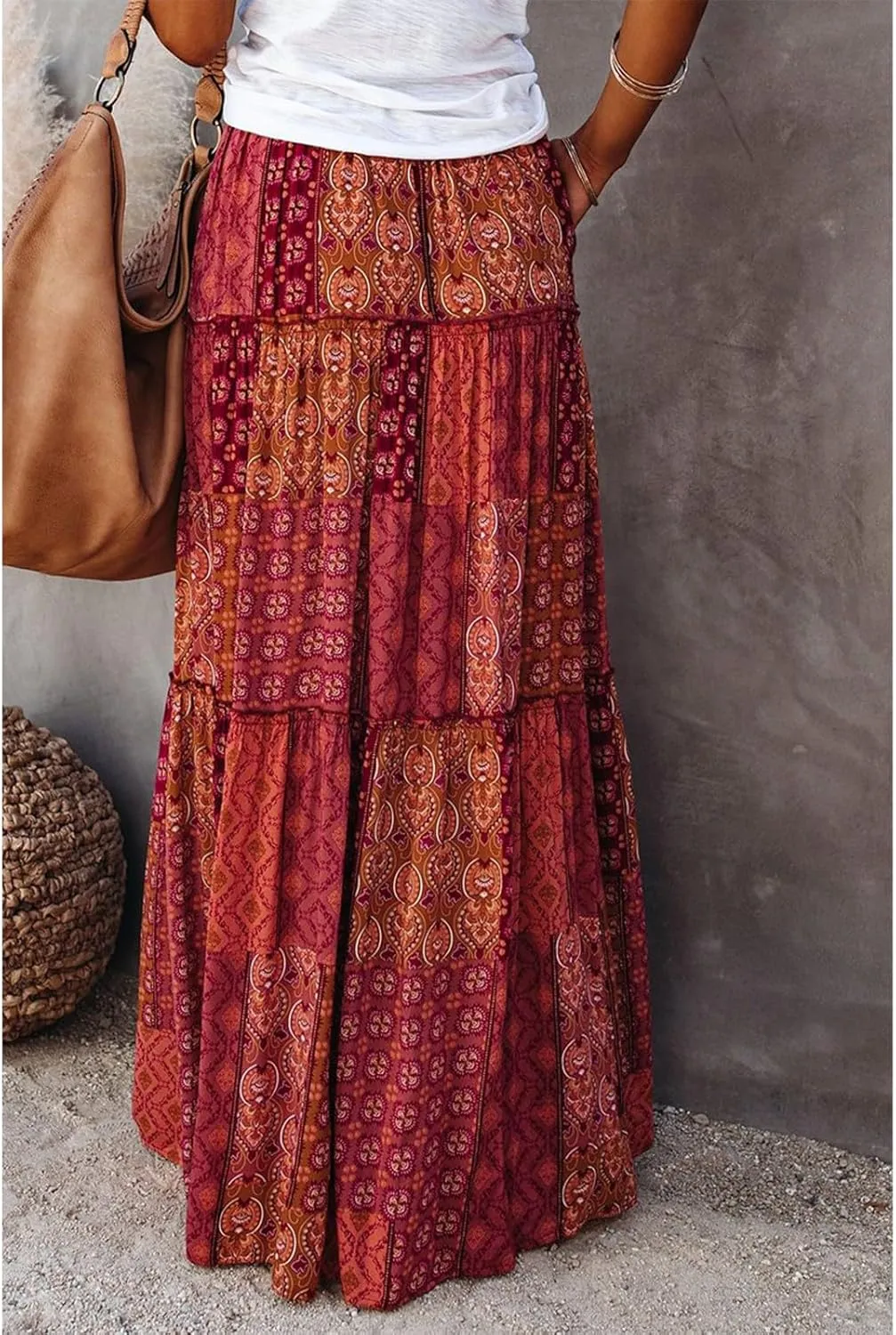 Skirts for Women,Ruffle Hem Bohemian Flowy Maxi Skirts Trendy 2025 Summer Vacation Elastic High Waisted Drawstring