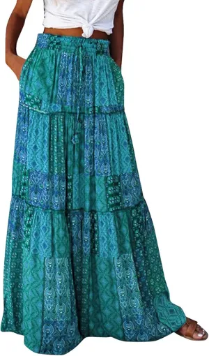 Skirts for Women,Ruffle Hem Bohemian Flowy Maxi Skirts Trendy 2025 Summer Vacation Elastic High Waisted Drawstring