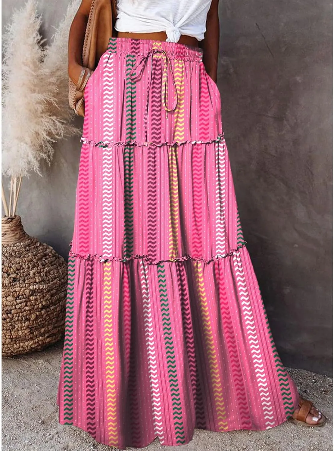 Skirts for Women,Ruffle Hem Bohemian Flowy Maxi Skirts Trendy 2025 Summer Vacation Elastic High Waisted Drawstring