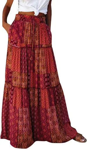 Skirts for Women,Ruffle Hem Bohemian Flowy Maxi Skirts Trendy 2025 Summer Vacation Elastic High Waisted Drawstring