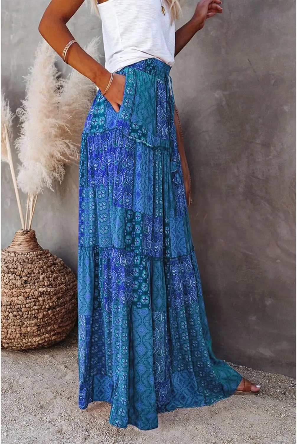 Skirts for Women,Ruffle Hem Bohemian Flowy Maxi Skirts Trendy 2025 Summer Vacation Elastic High Waisted Drawstring