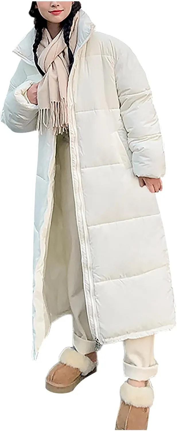 SMIDOW Long Puffer Coat For Women Warm Winter Quilted Coats Stand Collar Full Zip Ip Padded Maxi Puffer Jackets Outerwear