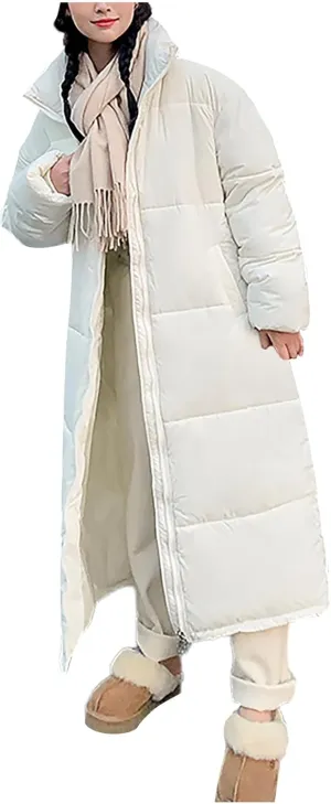 SMIDOW Long Puffer Coat For Women Warm Winter Quilted Coats Stand Collar Full Zip Ip Padded Maxi Puffer Jackets Outerwear