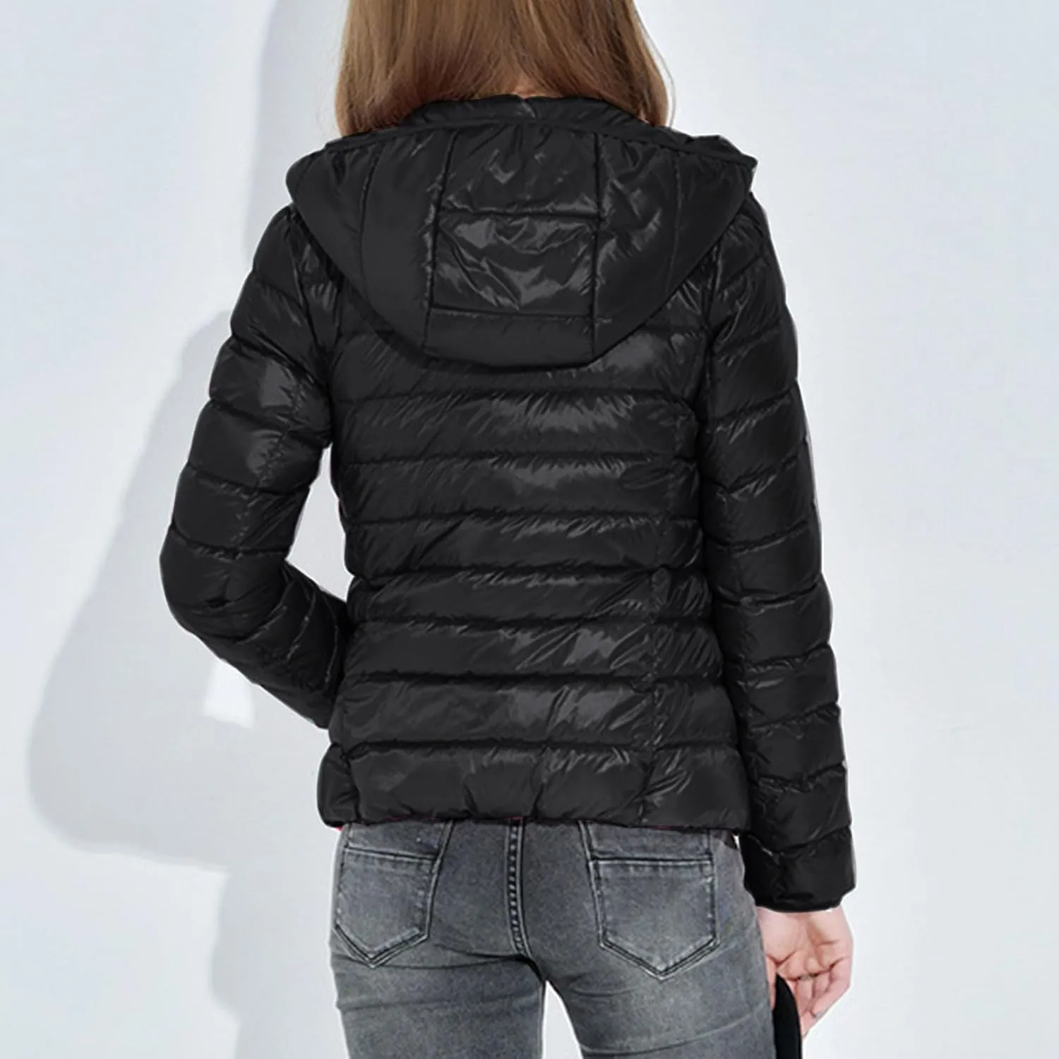 SMIDOW Winter Jackets For Women 2023 Trendy Warm Lightweight Puffer Coat Solid Color Quilted Full Zip Down Coats With Hood