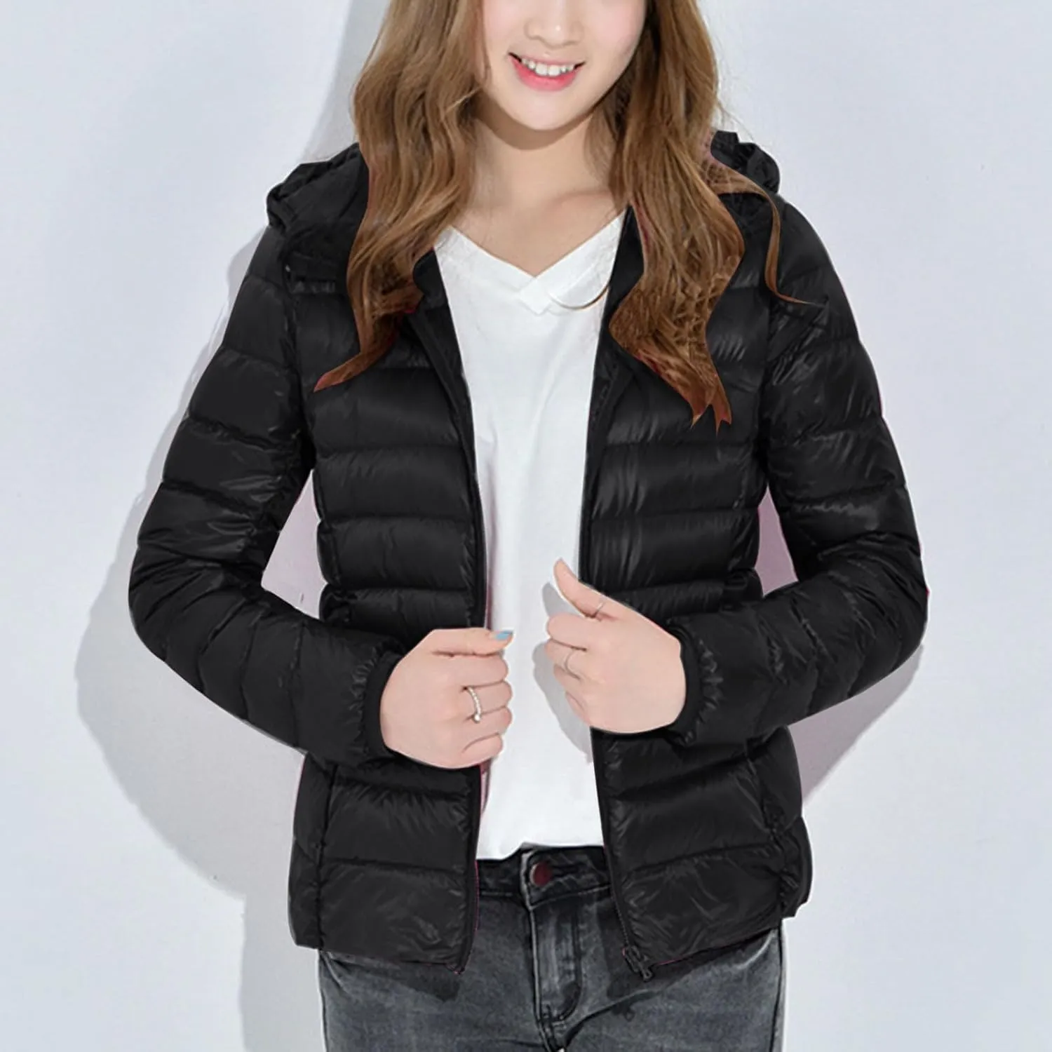 SMIDOW Winter Jackets For Women 2023 Trendy Warm Lightweight Puffer Coat Solid Color Quilted Full Zip Down Coats With Hood