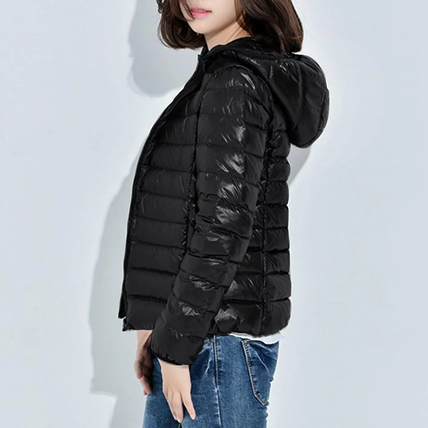 SMIDOW Winter Jackets For Women 2023 Trendy Warm Lightweight Puffer Coat Solid Color Quilted Full Zip Down Coats With Hood