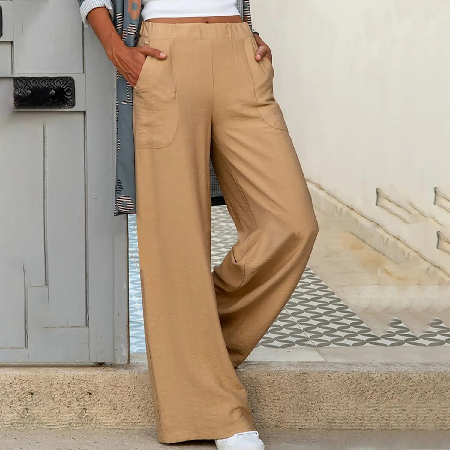 SMIDOW Womens Summer Wide Leg Pants Casual Loose Fit Elastic High Waist Lounge Pant Ankle Length Long Trousers with Pockets