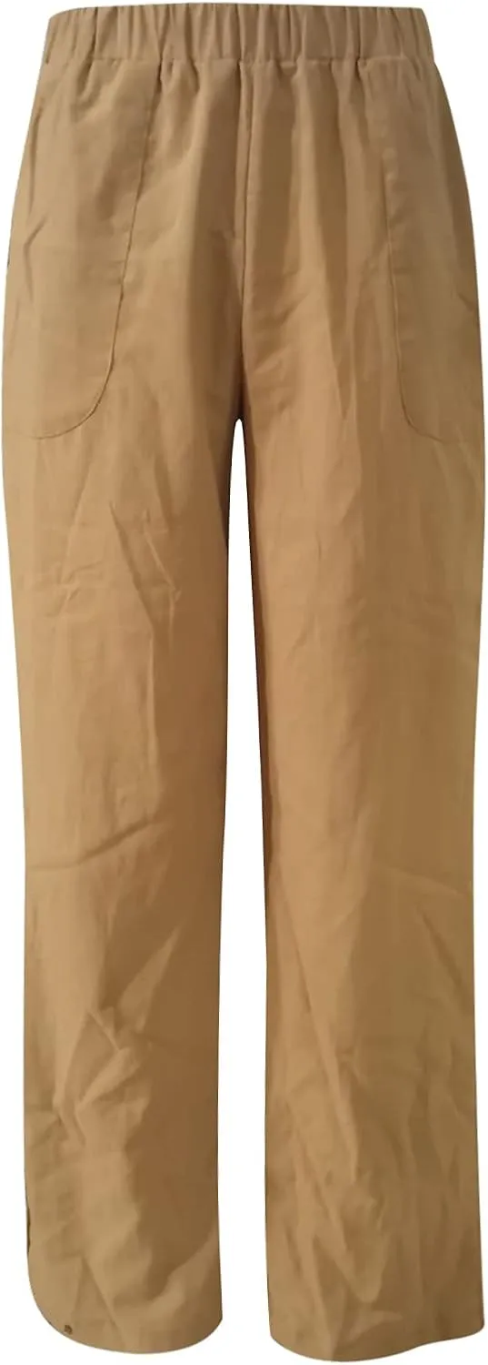 SMIDOW Womens Summer Wide Leg Pants Casual Loose Fit Elastic High Waist Lounge Pant Ankle Length Long Trousers with Pockets