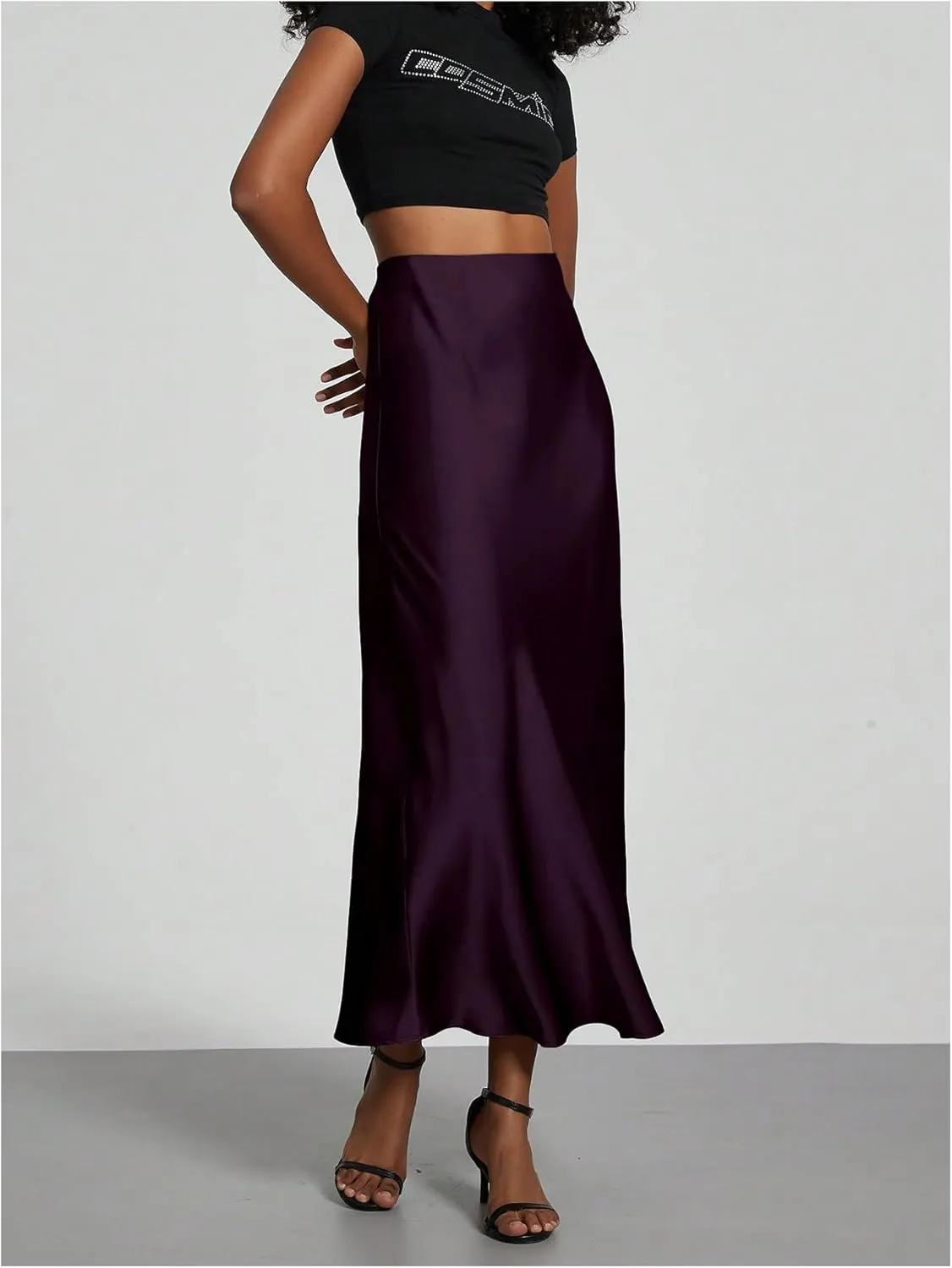 SOLY HUX Women's Elegant Satin Skirts High Waisted Flared Casual Work Office Fishtail Midi Skirt