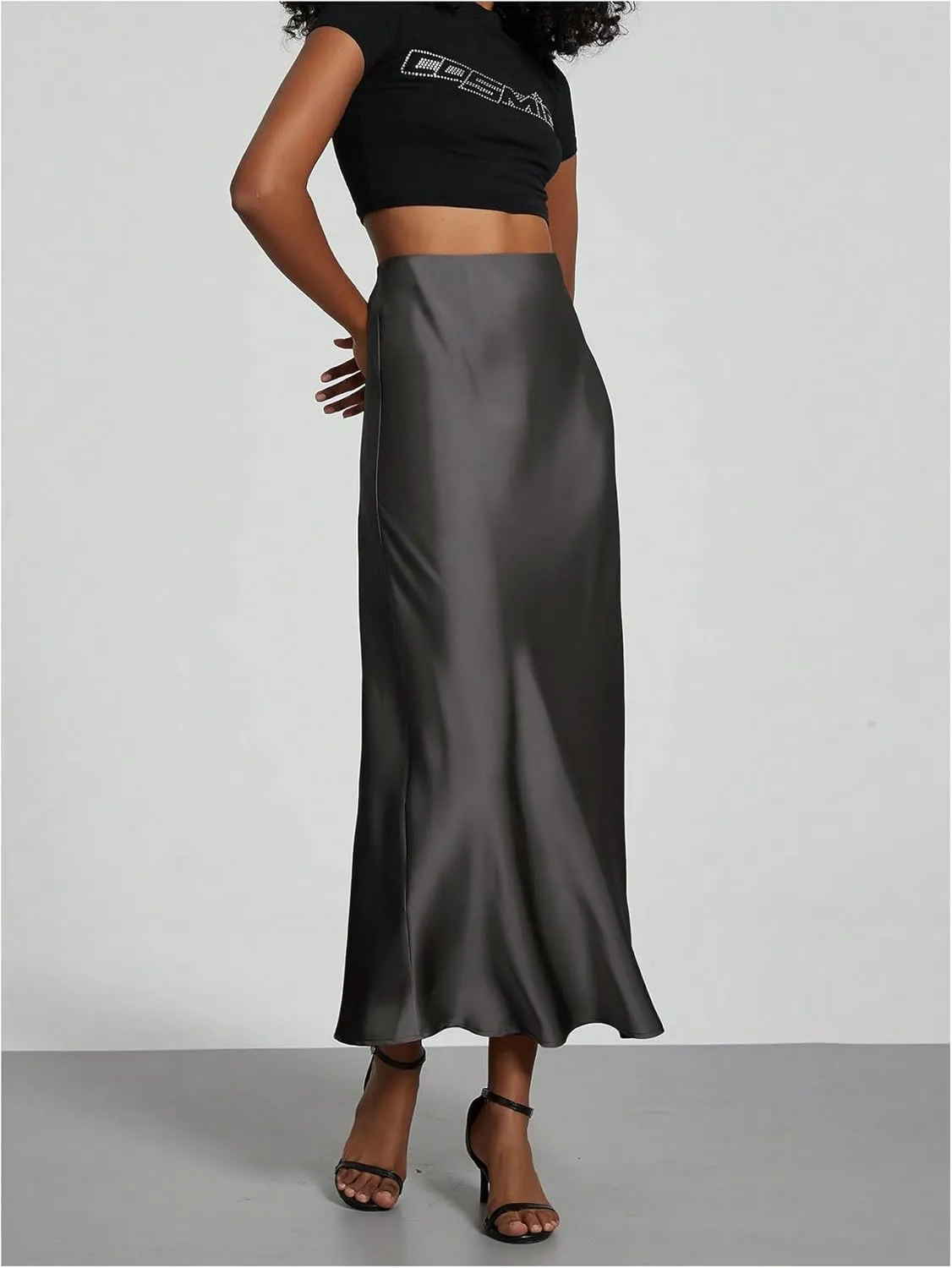 SOLY HUX Women's Elegant Satin Skirts High Waisted Flared Casual Work Office Fishtail Midi Skirt