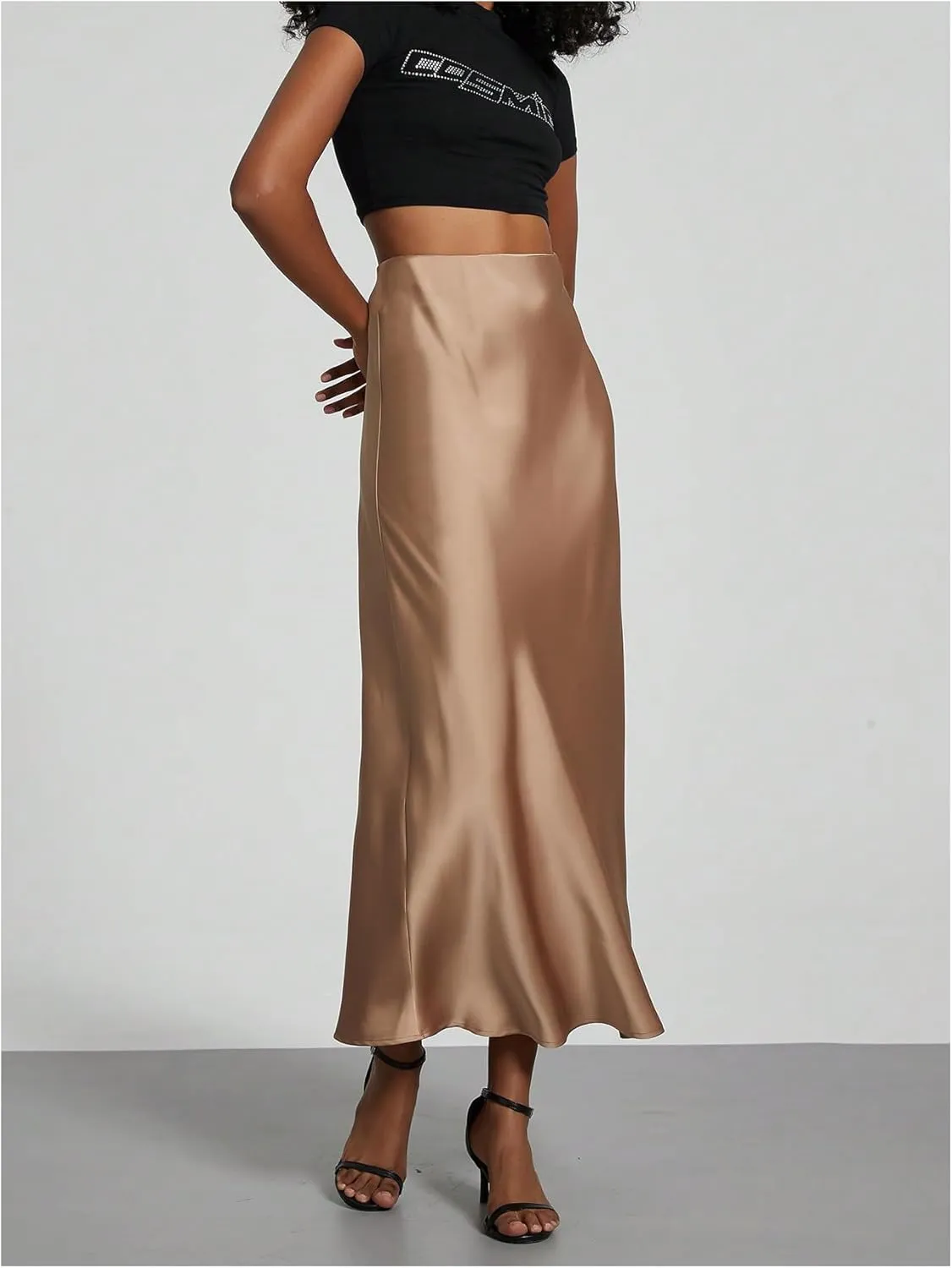 SOLY HUX Women's Elegant Satin Skirts High Waisted Flared Casual Work Office Fishtail Midi Skirt