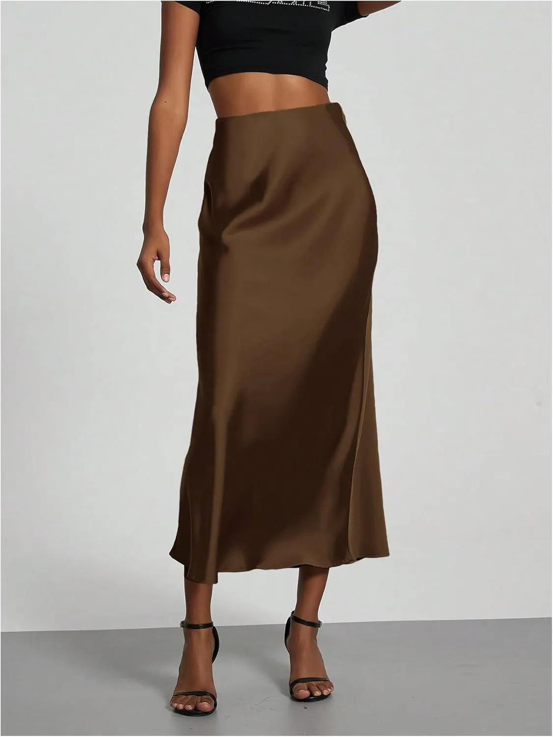 SOLY HUX Women's Elegant Satin Skirts High Waisted Flared Casual Work Office Fishtail Midi Skirt