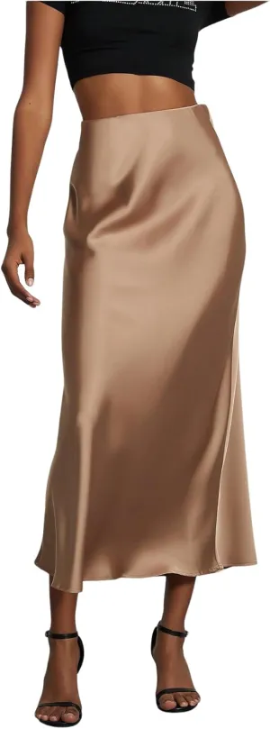SOLY HUX Women's Elegant Satin Skirts High Waisted Flared Casual Work Office Fishtail Midi Skirt