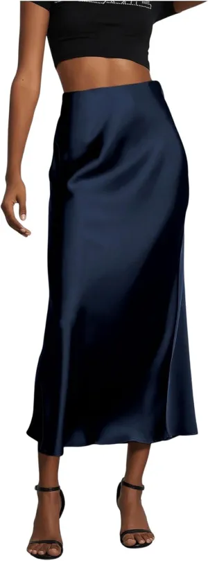 SOLY HUX Women's Elegant Satin Skirts High Waisted Flared Casual Work Office Fishtail Midi Skirt