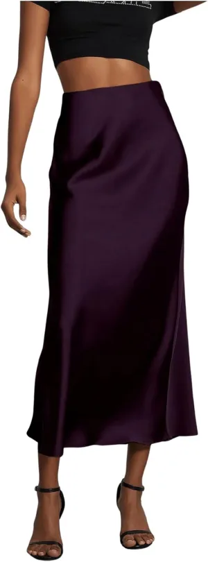 SOLY HUX Women's Elegant Satin Skirts High Waisted Flared Casual Work Office Fishtail Midi Skirt