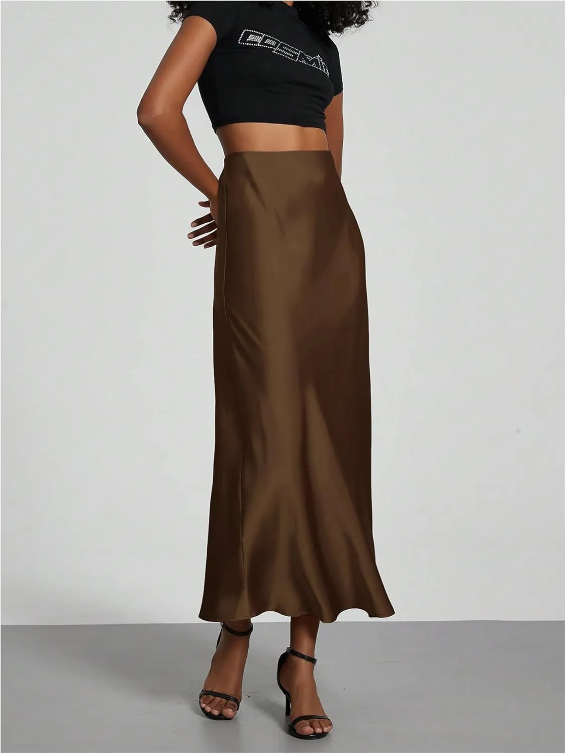 SOLY HUX Women's Elegant Satin Skirts High Waisted Flared Casual Work Office Fishtail Midi Skirt