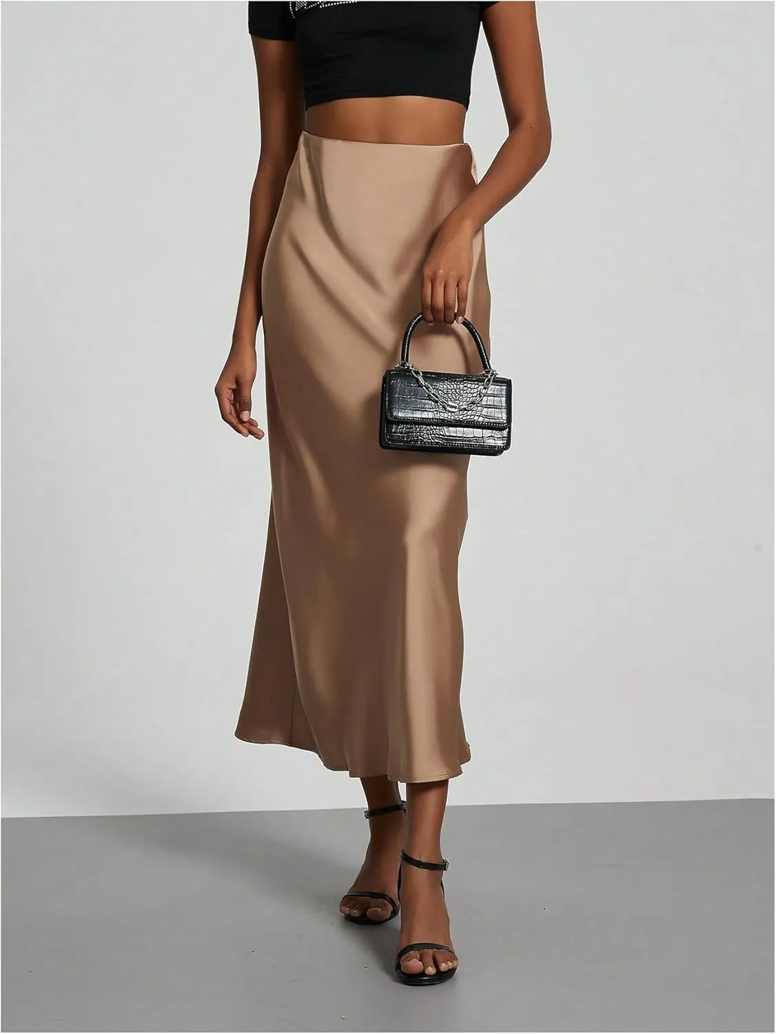SOLY HUX Women's Elegant Satin Skirts High Waisted Flared Casual Work Office Fishtail Midi Skirt