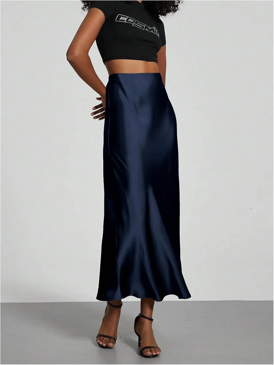 SOLY HUX Women's Elegant Satin Skirts High Waisted Flared Casual Work Office Fishtail Midi Skirt