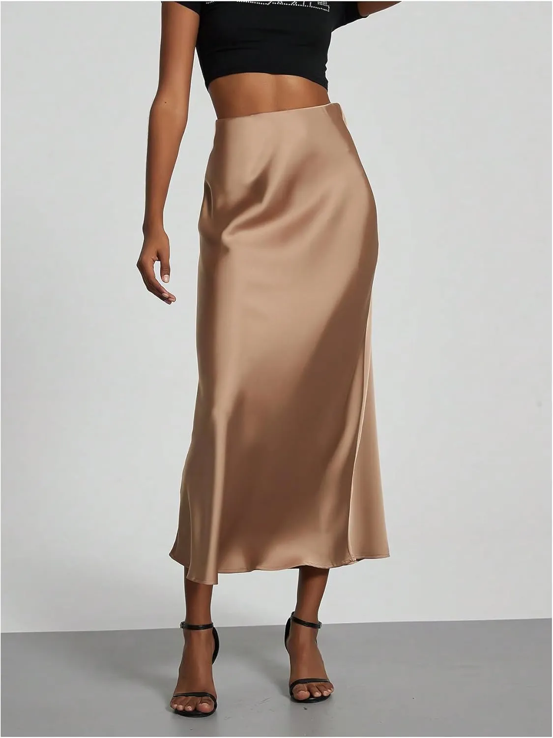 SOLY HUX Women's Elegant Satin Skirts High Waisted Flared Casual Work Office Fishtail Midi Skirt