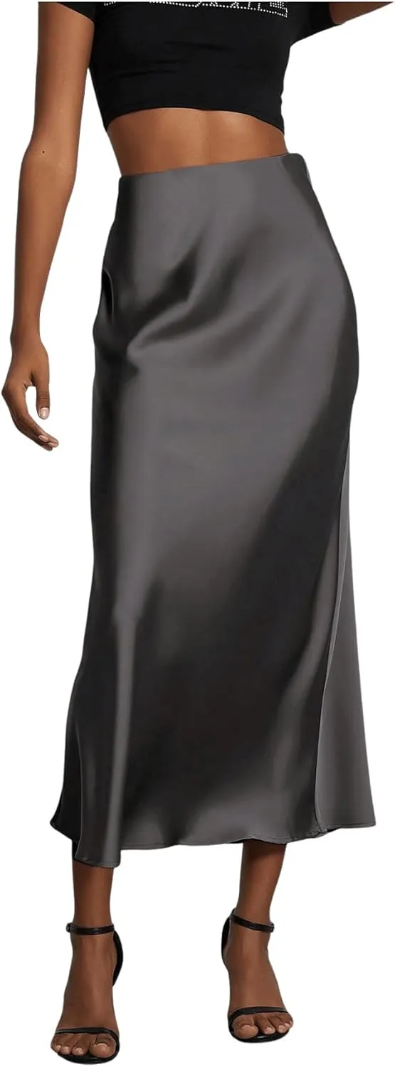 SOLY HUX Women's Elegant Satin Skirts High Waisted Flared Casual Work Office Fishtail Midi Skirt