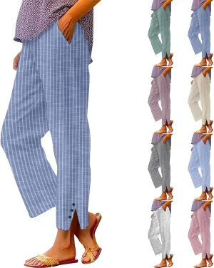 Striped Linen Pants for Women Summer Casual Beach Capris High Waisted Light Weight Gauze Vacation Pinstripe Trousers