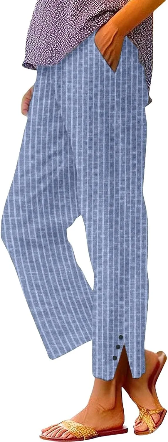 Striped Linen Pants for Women Summer Casual Beach Capris High Waisted Light Weight Gauze Vacation Pinstripe Trousers
