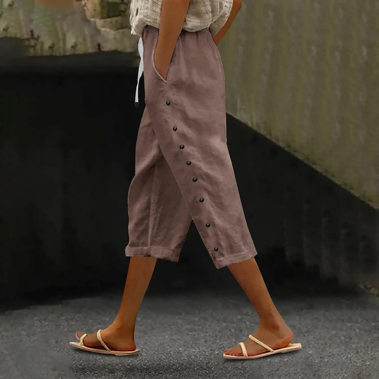 Striped Linen Pants Women Linen Capri Pants Lightweight Spring Summer Pants for Women 2025 Ladies Pinstripe Pants