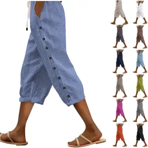 Striped Linen Pants Women Linen Capri Pants Lightweight Spring Summer Pants for Women 2025 Ladies Pinstripe Pants