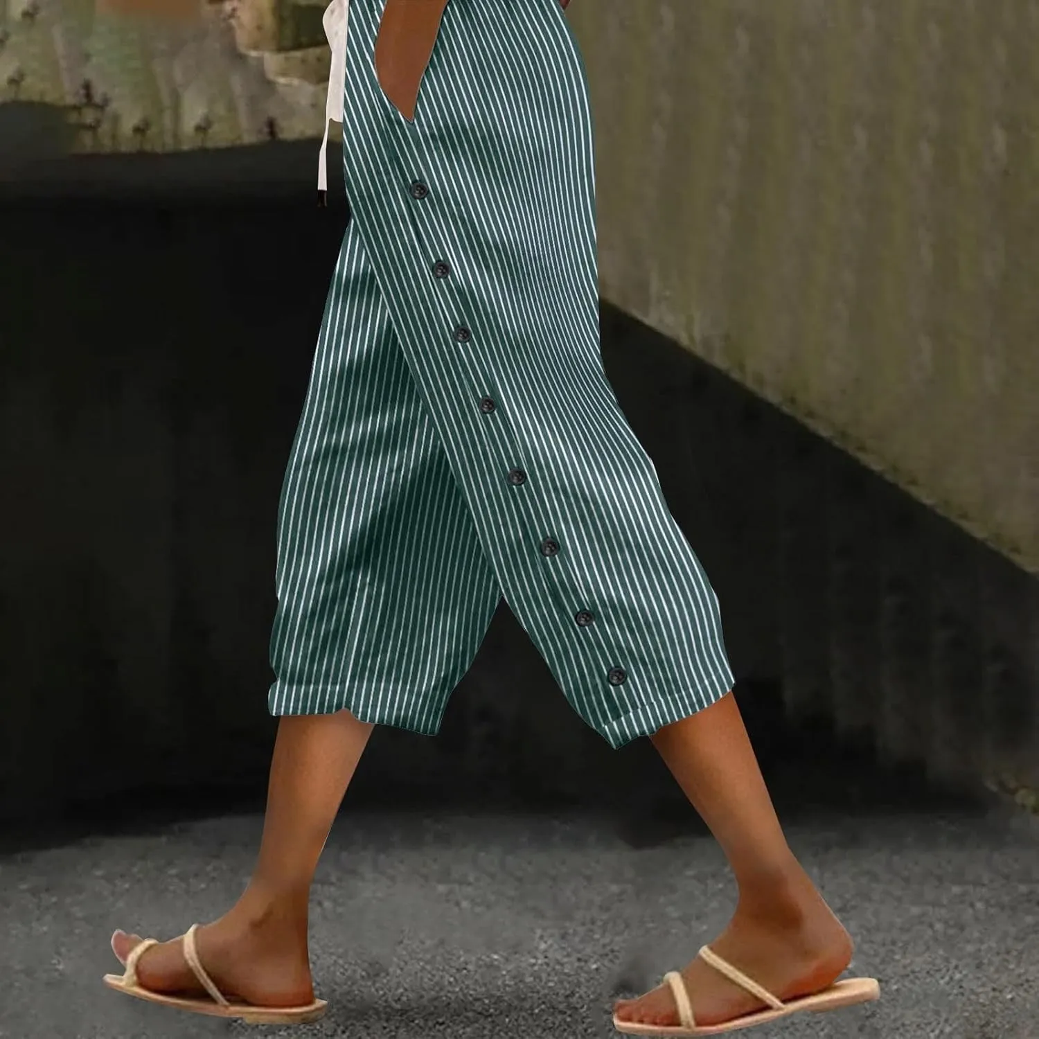 Striped Linen Pants Women Linen Capri Pants Lightweight Spring Summer Pants for Women 2025 Ladies Pinstripe Pants