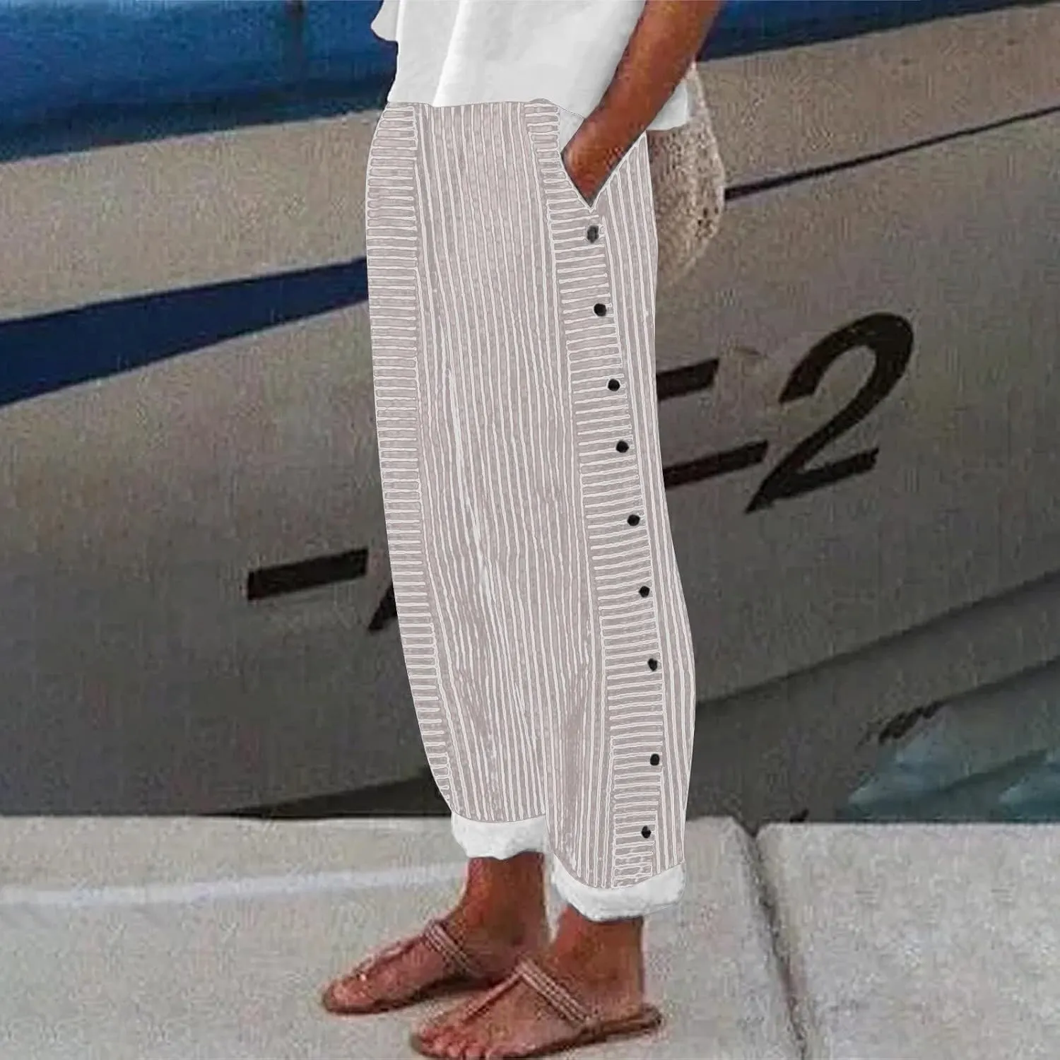 Striped Linen Pants Women Wide Leg Trousers with Pockets Casual Lightweight Pinstripe Pants Trendy Clothes 2025