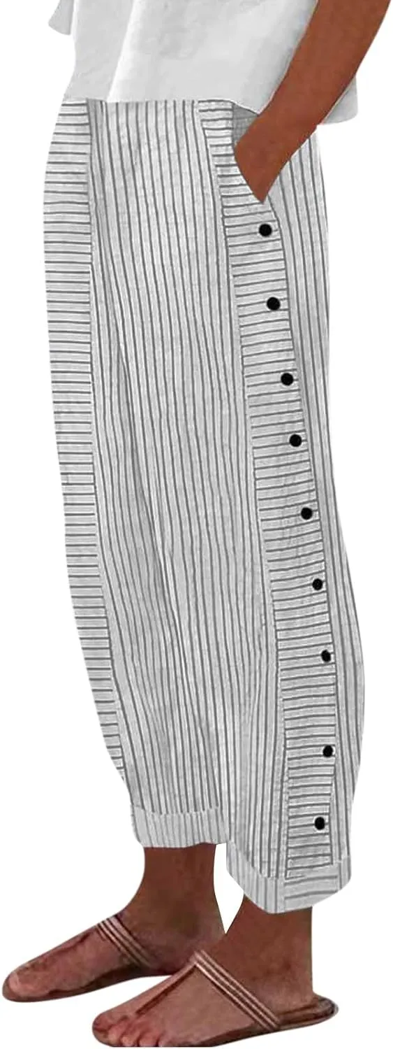 Striped Pants Women High Elastic Waist Wide Leg Pants Woman Vintage Lounge Pinstripe Pants Straight Leg Trousers