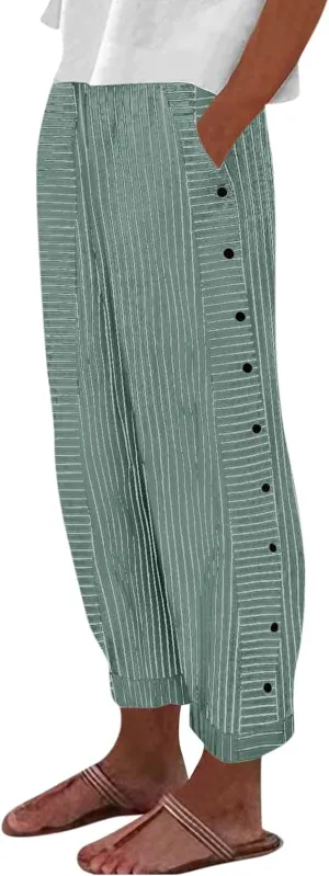 Striped Pants Women High Elastic Waist Wide Leg Pants Woman Vintage Lounge Pinstripe Pants Straight Leg Trousers
