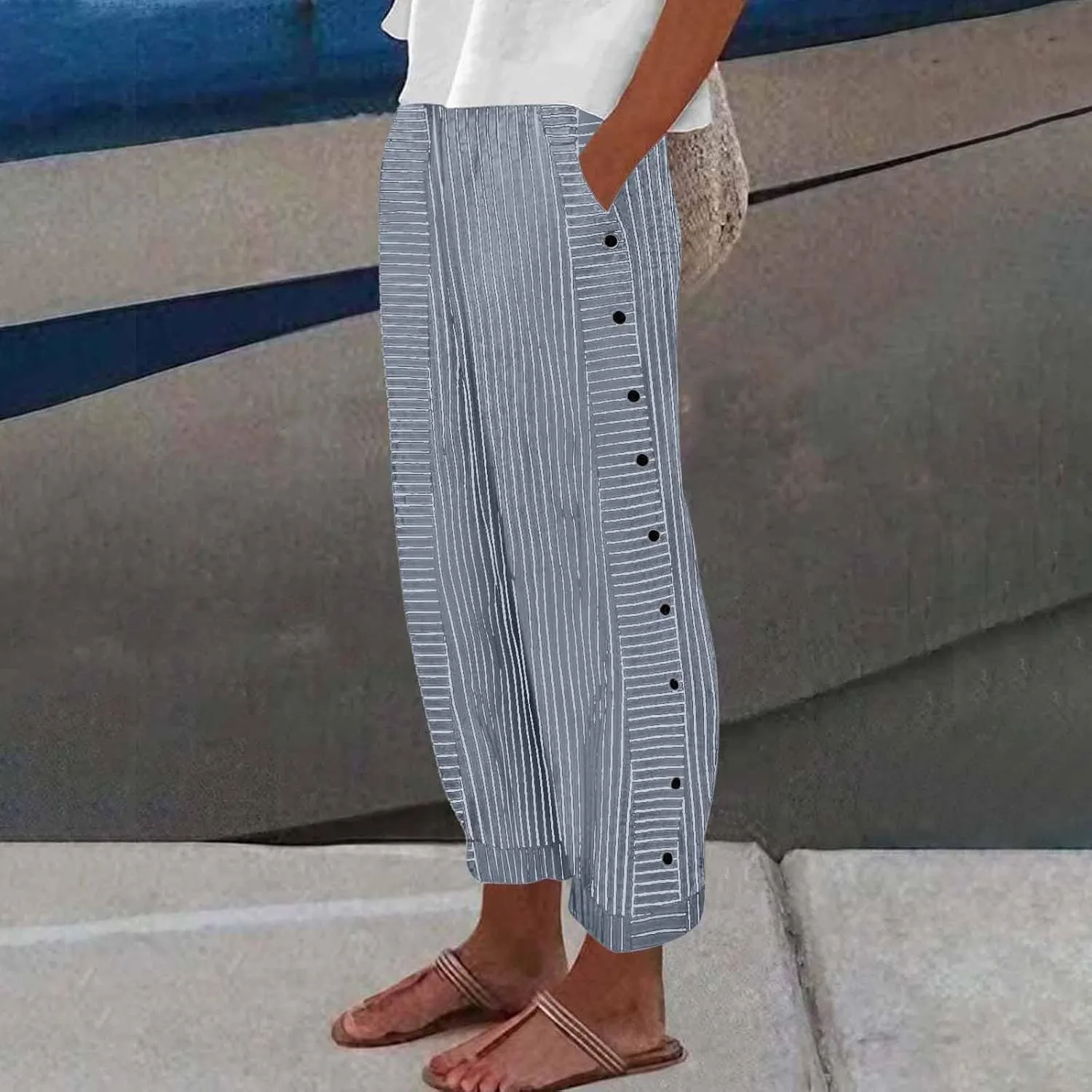 Striped Pants Women High Elastic Waist Wide Leg Pants Woman Vintage Lounge Pinstripe Pants Straight Leg Trousers
