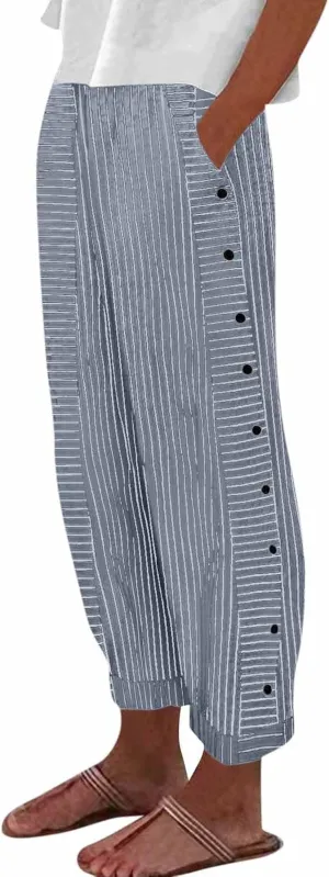 Striped Pants Women High Elastic Waist Wide Leg Pants Woman Vintage Lounge Pinstripe Pants Straight Leg Trousers