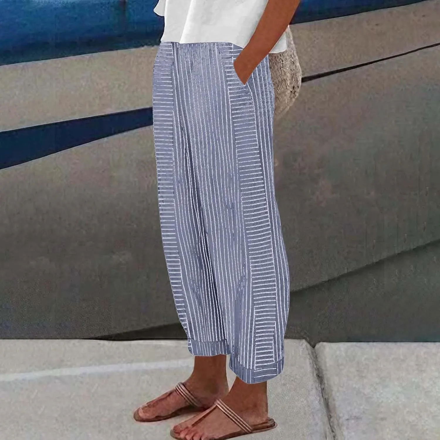 Striped Pants Women High Elastic Waist Wide Leg Pants Woman Vintage Lounge Pinstripe Pants Straight Leg Trousers