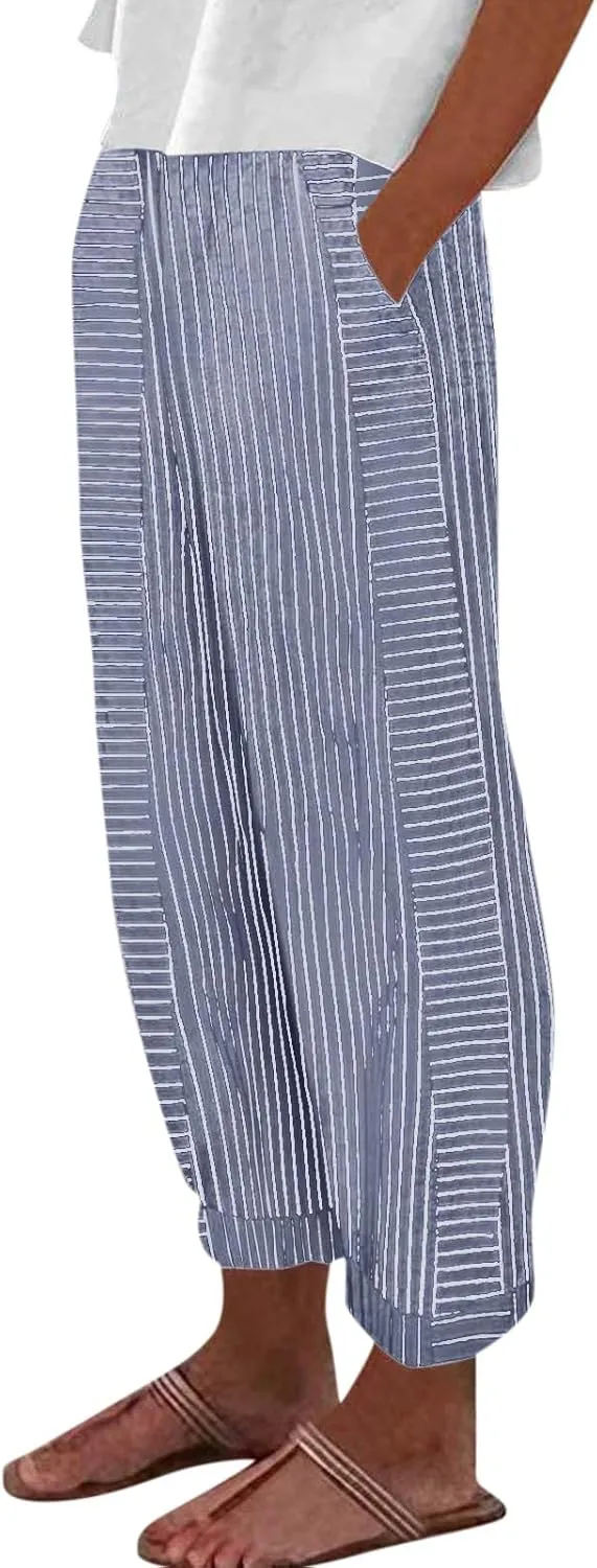 Striped Pants Women High Elastic Waist Wide Leg Pants Woman Vintage Lounge Pinstripe Pants Straight Leg Trousers