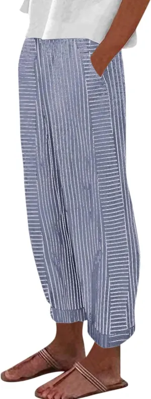 Striped Pants Women High Elastic Waist Wide Leg Pants Woman Vintage Lounge Pinstripe Pants Straight Leg Trousers