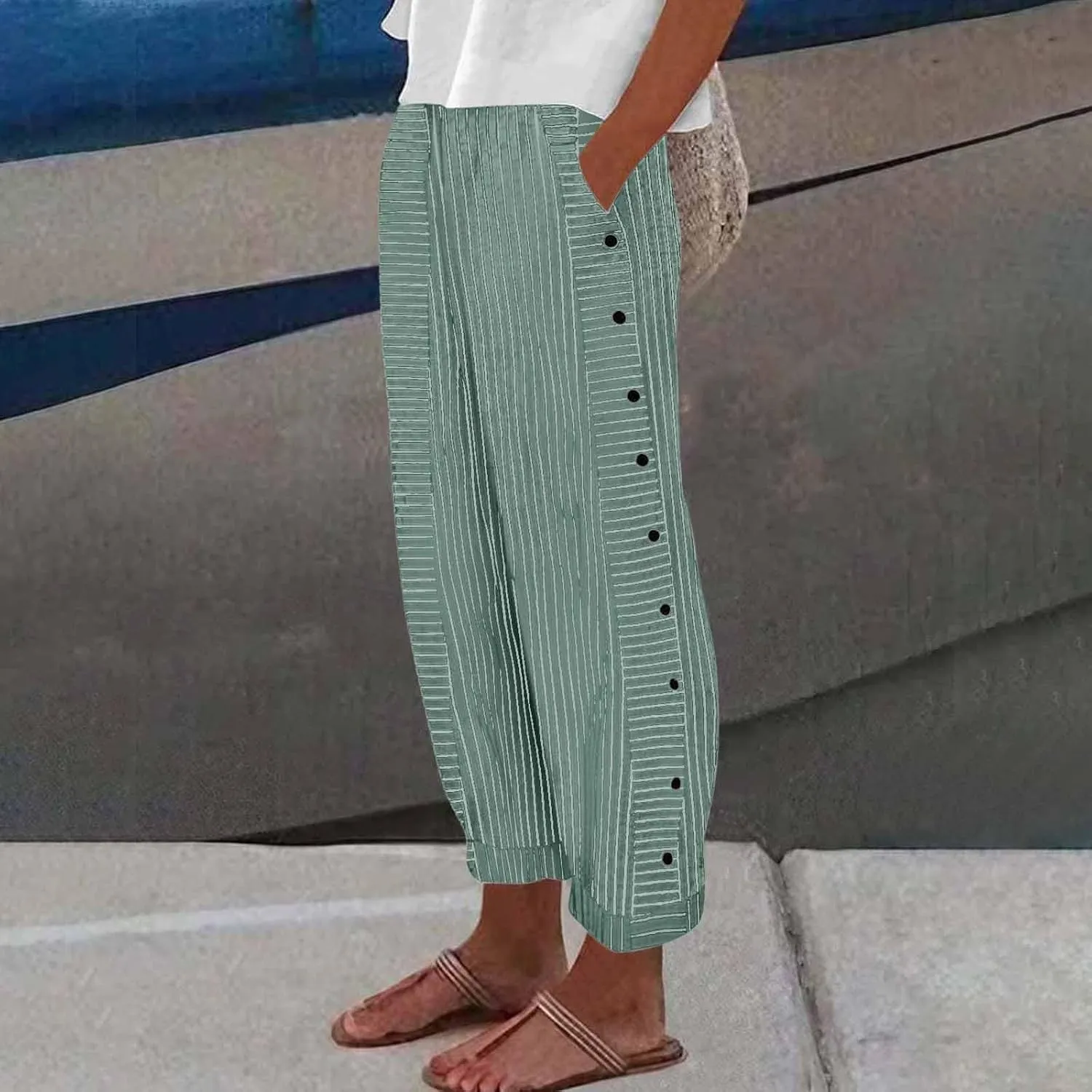 Striped Pants Women High Elastic Waist Wide Leg Pants Woman Vintage Lounge Pinstripe Pants Straight Leg Trousers