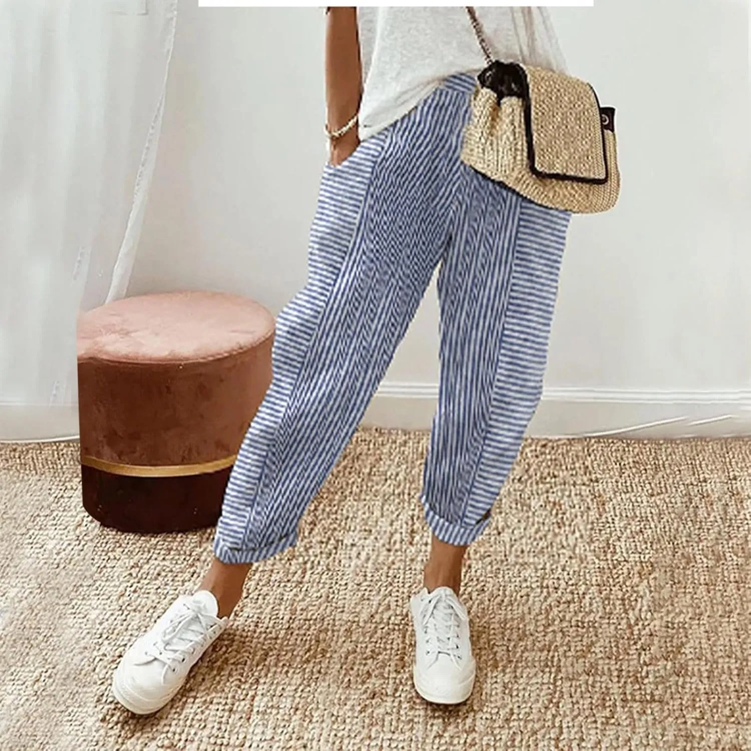Striped Pants Women High Elastic Waist Wide Leg Pants Woman Vintage Lounge Pinstripe Pants Straight Leg Trousers