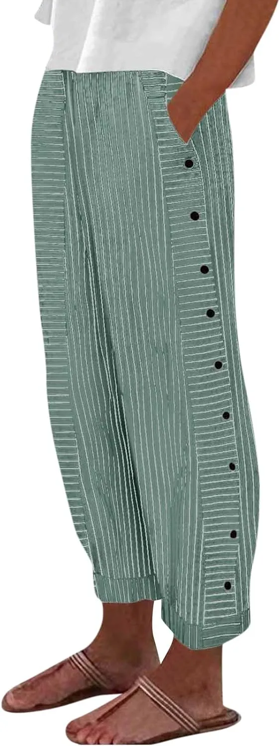 Striped Pants Women High Elastic Waist Wide Leg Pants Woman Vintage Lounge Pinstripe Pants Straight Leg Trousers