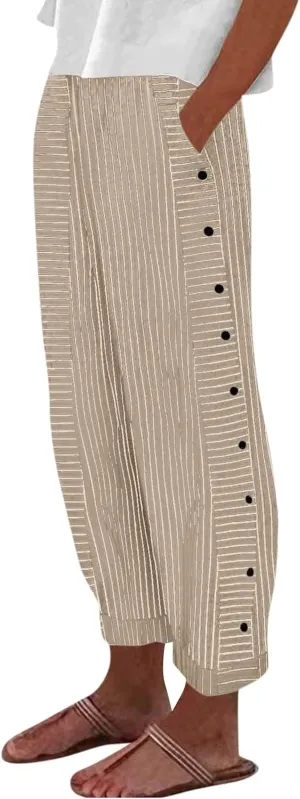Striped Pants Women High Elastic Waist Wide Leg Pants Woman Vintage Lounge Pinstripe Pants Straight Leg Trousers